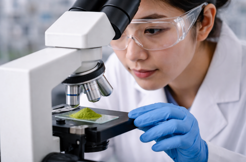A scientist inspecting matcha powder in a lab