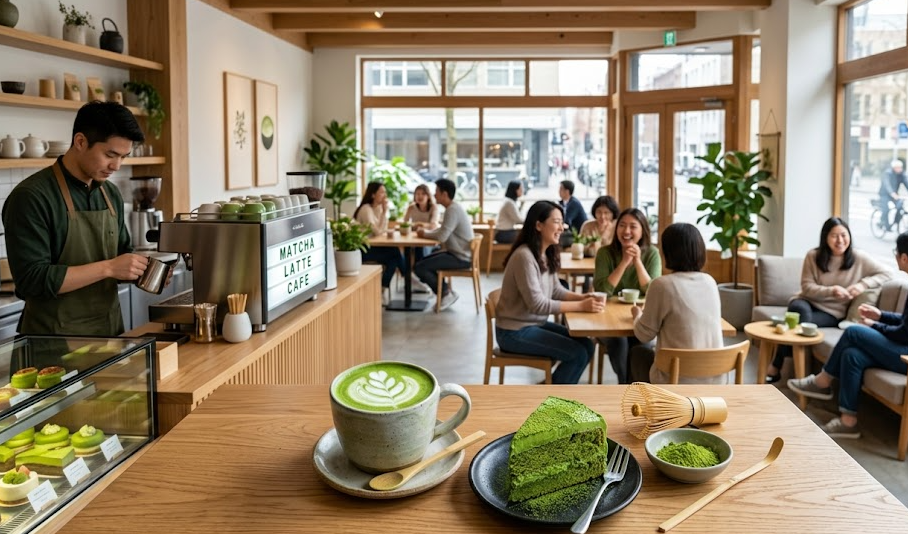 A vibrant green matcha latte next to a matcha cake, showing strong color