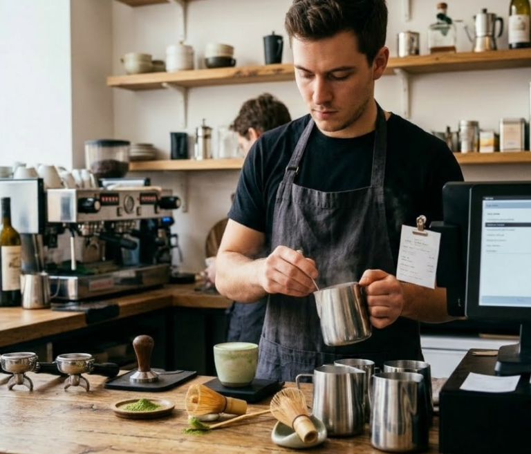 Cafe matcha latte program with milk-based beverage preparation