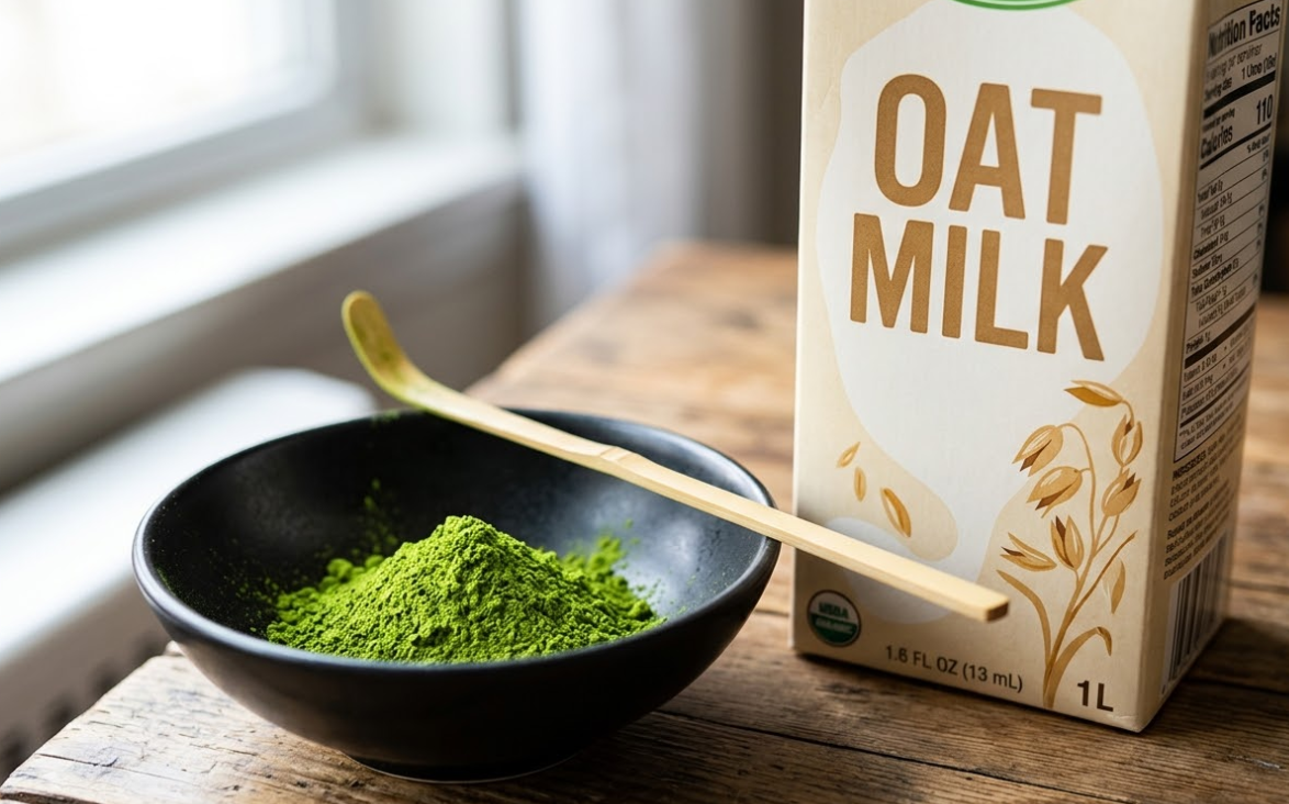 Close-up of a bright green matcha powder next to a carton of oat milk