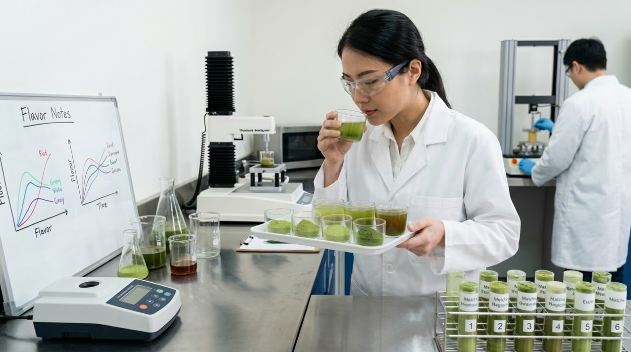 A small batch of matcha being tested in a lab