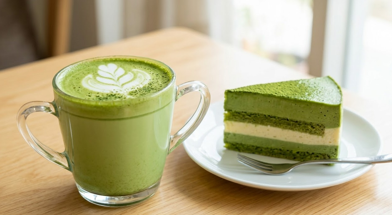 a vibrant green matcha latte next to a matcha cake