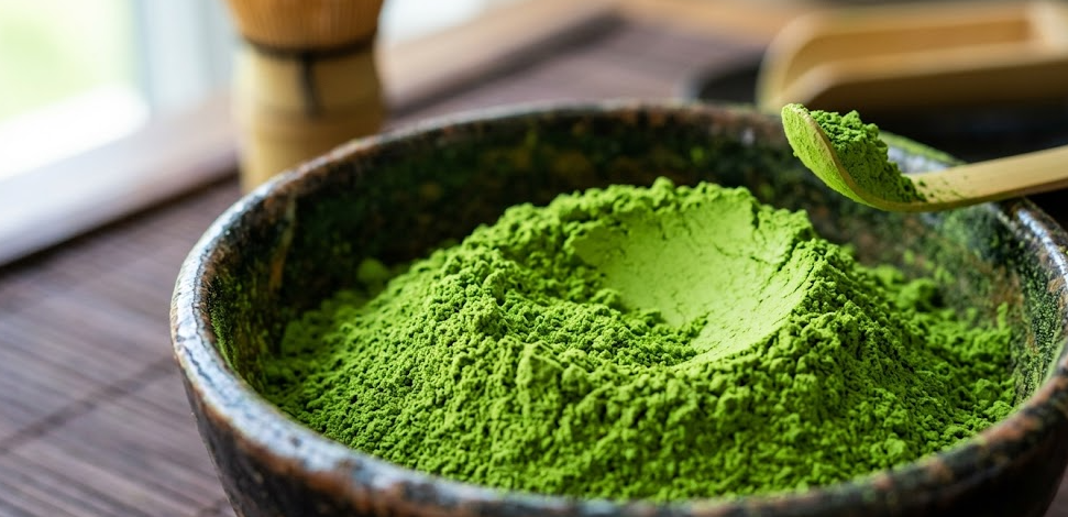 A close-up of high-quality matcha powder in a bowl