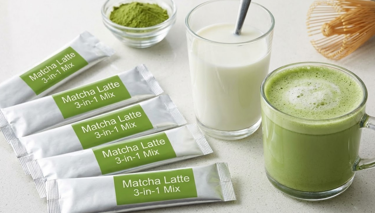 Instant matcha latte 3-in-1 mix stick packs displayed alongside milk, loose powder, and a finished hot beverage.