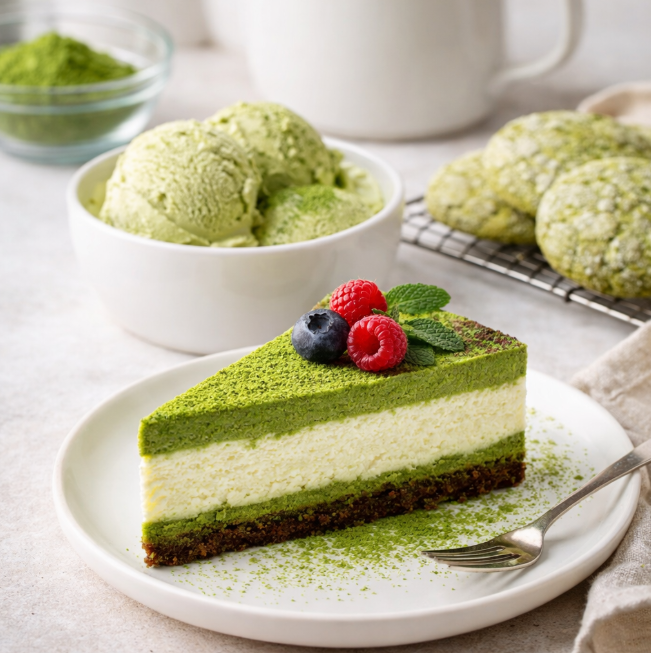 Matcha cheesecake slice with matcha ice cream and cookies