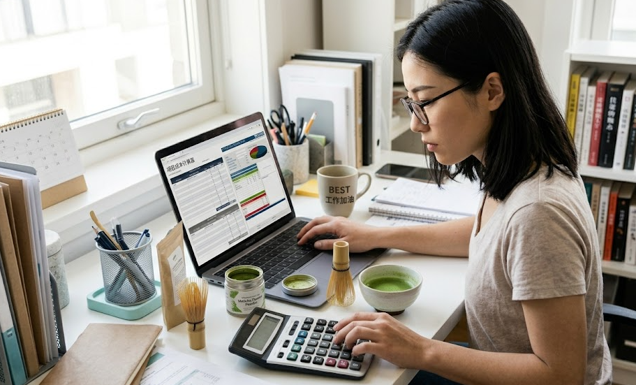 a person calculating costs on a laptop with matcha powder nearby