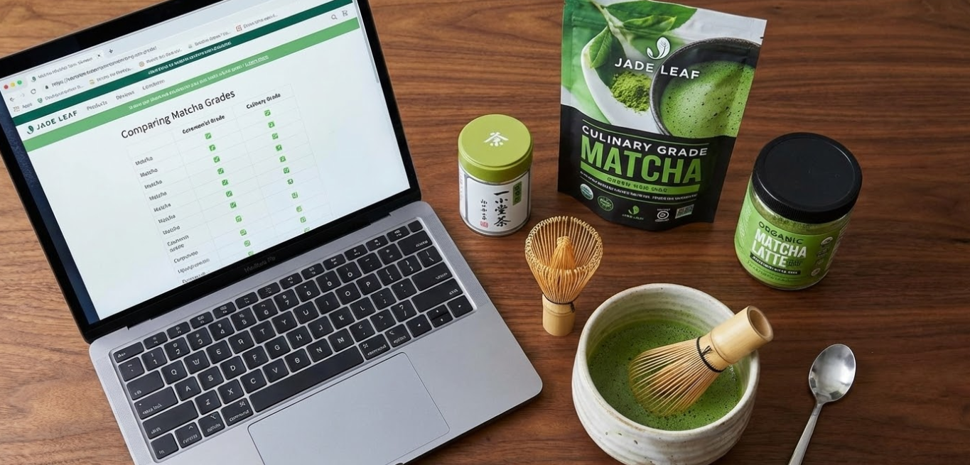 a desk with different matcha brands on it