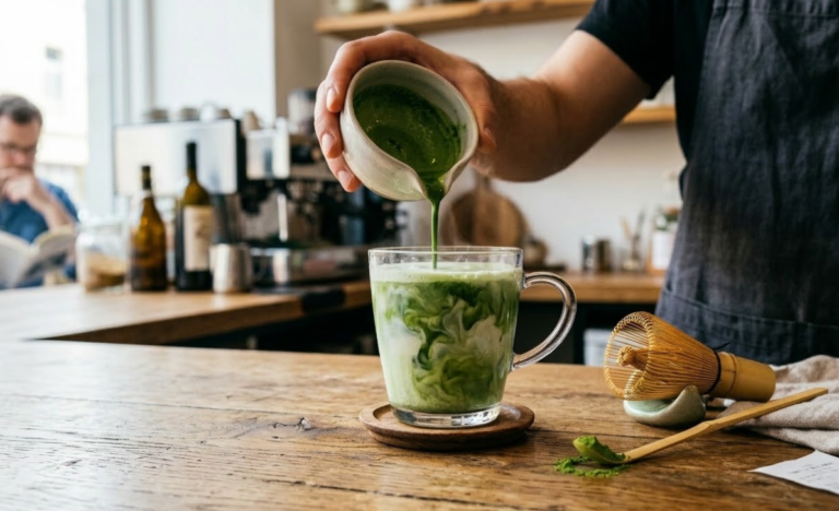 Matcha latte preparation showing color and milk compatibility