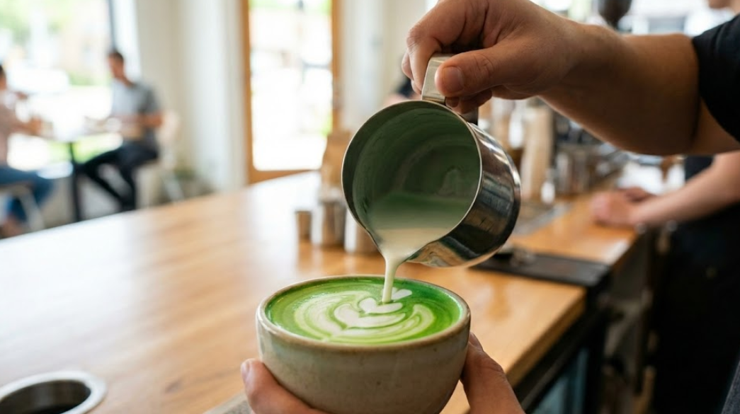 A close-up of a barista pouring a matcha latte with bright green color