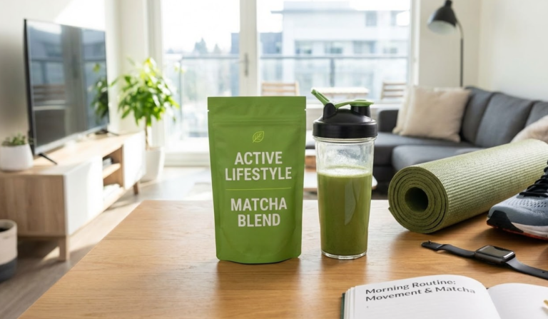 Active lifestyle matcha blend pouch displayed with a shaker bottle, yoga mat, and running shoes for fitness.