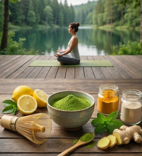 Matcha preparation tools, including whisks and bowls of green tea powder, arranged on a wooden table in a wellness lab.