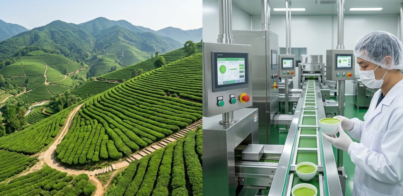 A vast, lush green tea garden under a clear sky