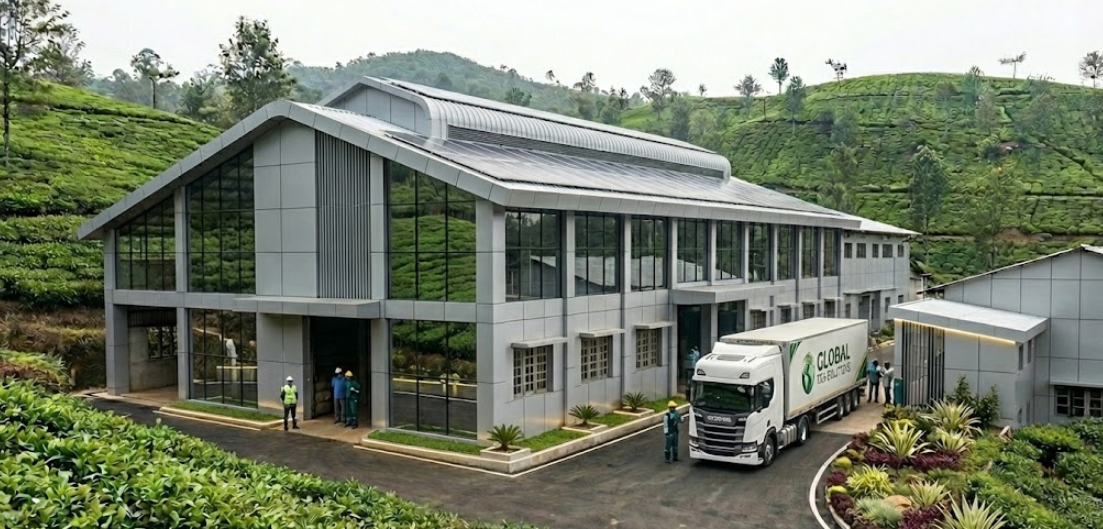 A large, modern tea processing factory