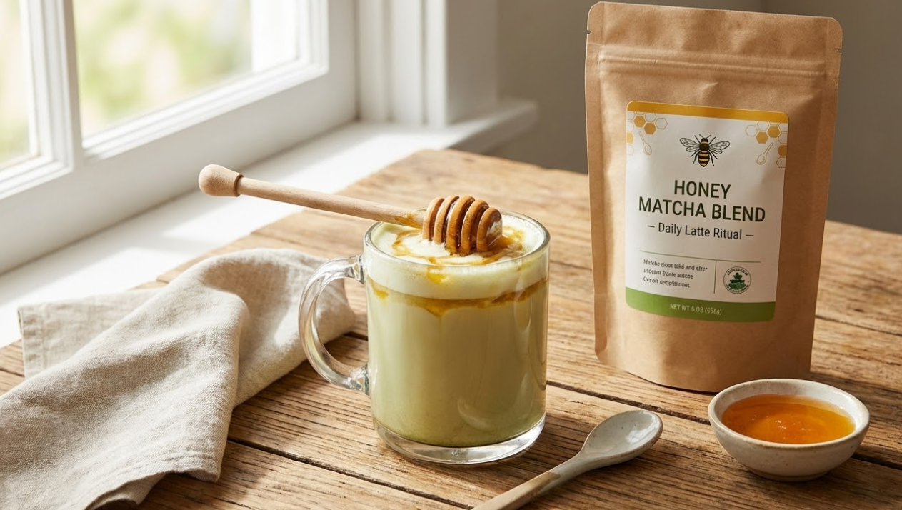 Warm honey matcha latte with a dripping honey dipper and retail bag on a rustic wooden table.