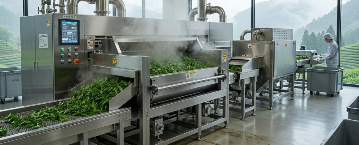 a modern matcha production line with stainless steel equipment