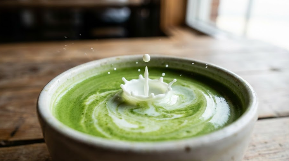 Whole Milk Testing Matcha Quality A drop of milk falling into a cup of matcha