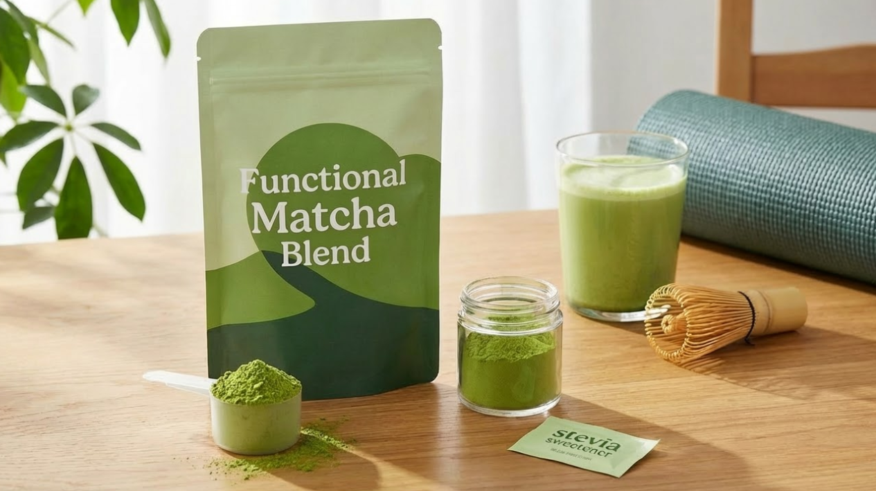 Functional Matcha Blend pouch with scoop, stevia sweetener, whisk, green smoothie, and yoga mat for wellness.