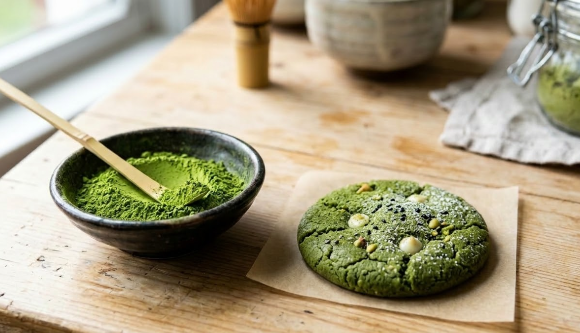 Vibrant green matcha powder next to a baked matcha cookie