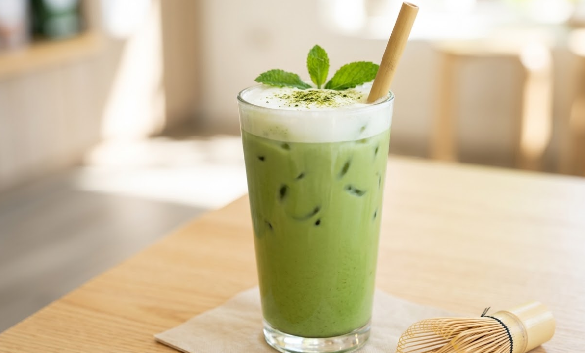 An iced matcha latte with no visible clumps or sediment