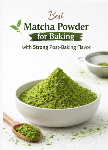 Best matcha powder for baking with strong post-baking flavor in a white bowl on a clean background