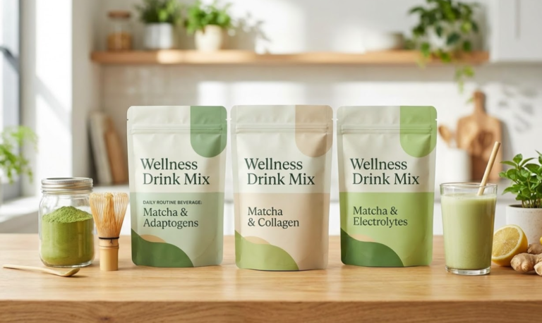 Functional wellness drink mixes featuring matcha combined with adaptogens, collagen, and electrolytes in pouches.