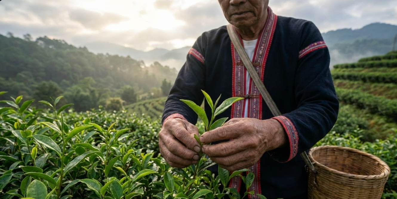 A person inspecting tea leaves by hand in a field