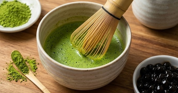 Matcha being whisked in a ceramic bowl on a wooden table, with matcha powder and black tapioca pearls beside it.