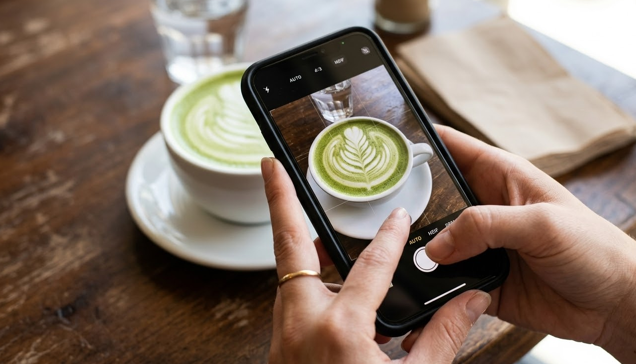 A customer taking a photo of their matcha latte with a smartphone