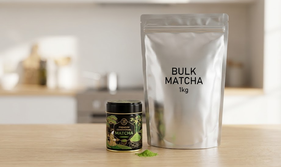 a simple 1kg foil bag of matcha next to an expensive custom-printed tin
