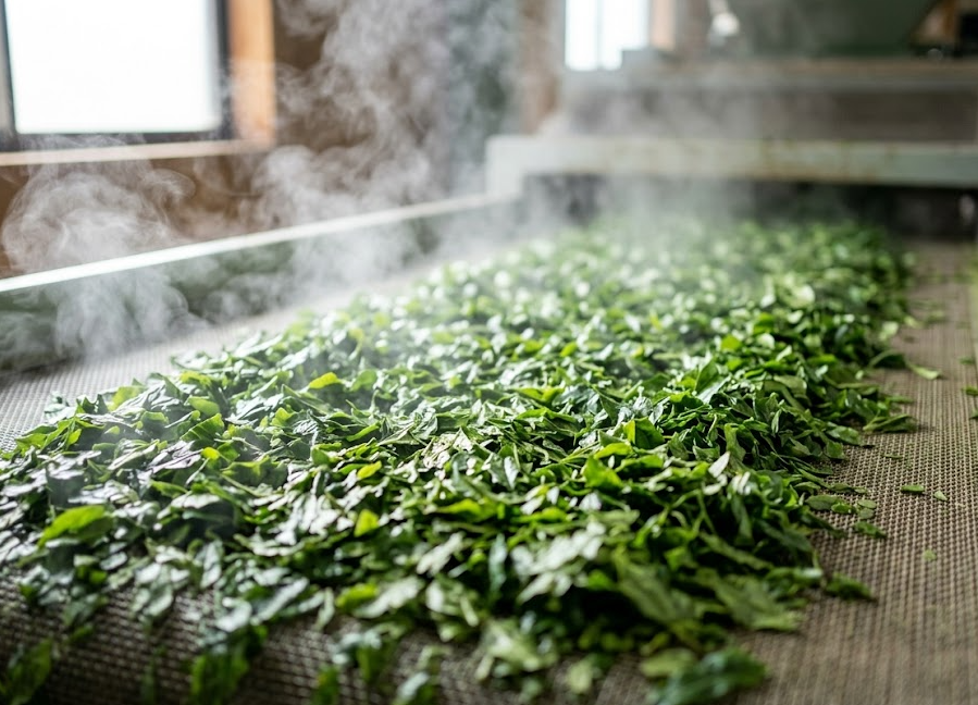 A close-up of steam rising from freshly processed tencha leaves