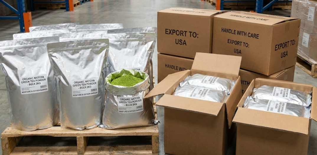 A warehouse worker checking a pallet of finished, private-labeled matcha products ready for shipping.