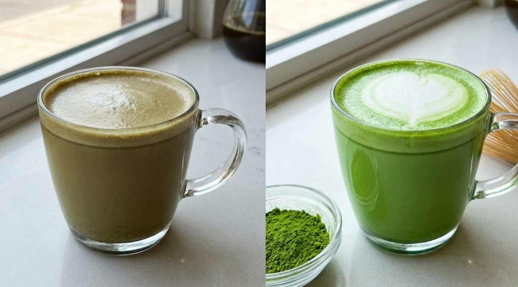 Matcha Latte Color Comparison A muddy-looking matcha latte next to a vibrant one
