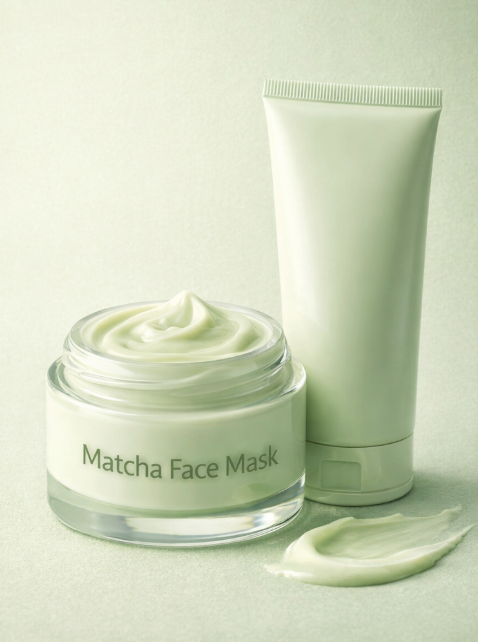 Open jar of matcha face mask cream with a matching skincare tube on a soft pale green background.