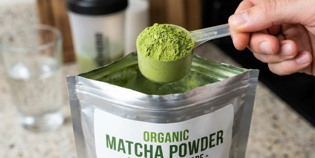 A person holding a protein powder scoop with green powder