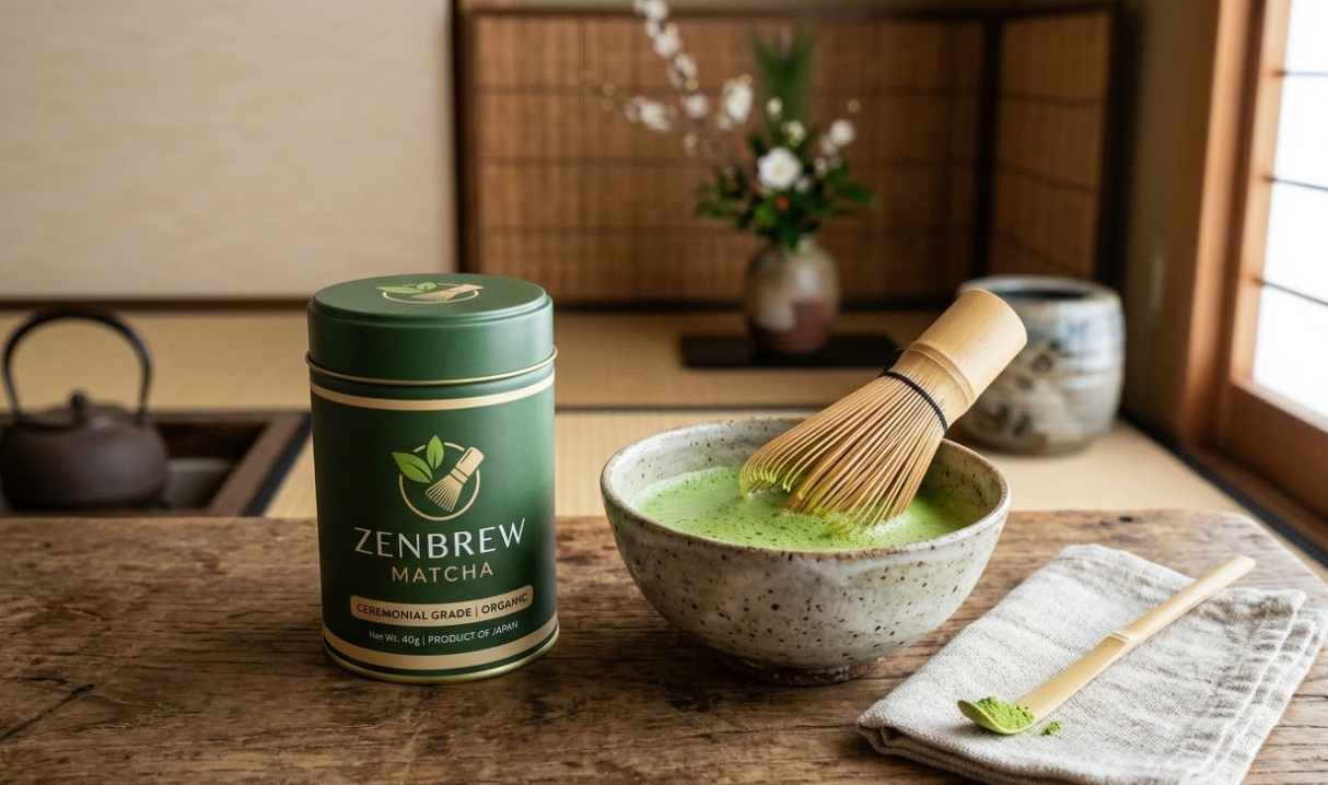 A custom-branded matcha tin next to a matcha whisk and bowl