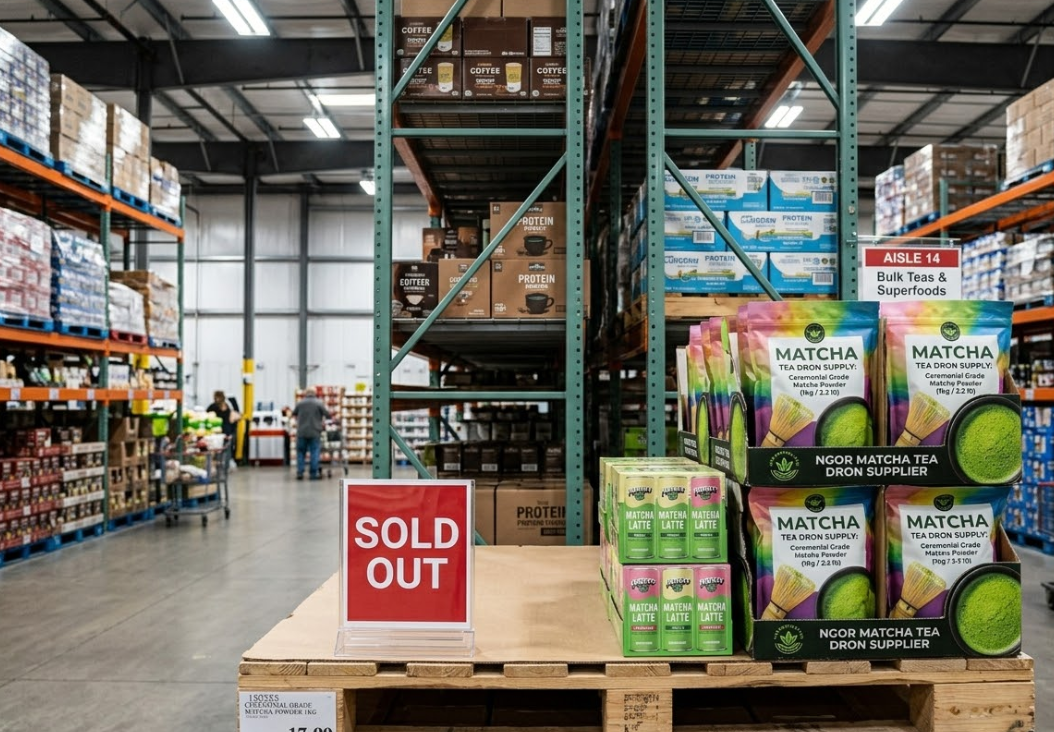An empty warehouse shelf with a "SOLD OUT" sign next to matcha packages