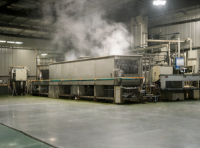 Matcha tea leaves steaming and drying on a clean processing line