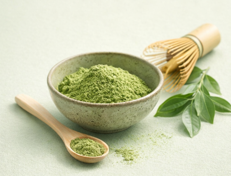 Ceremonial matcha powder in a ceramic bowl with a bamboo whisk, wooden spoon, and fresh green tea leaves on a pale sage background.