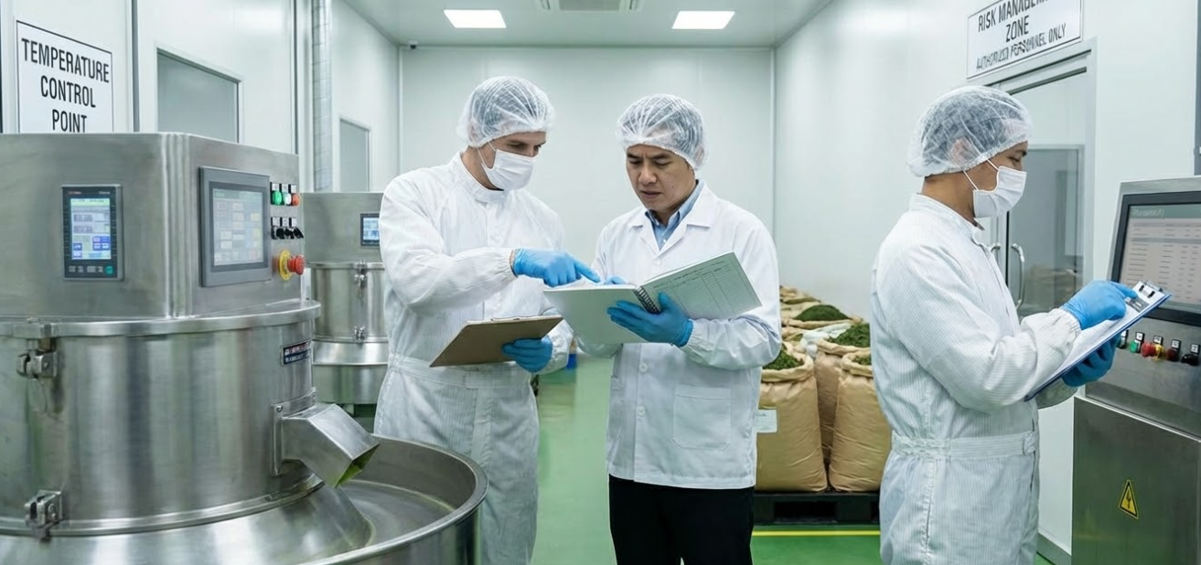 An auditor in a clean suit inspecting a factory line