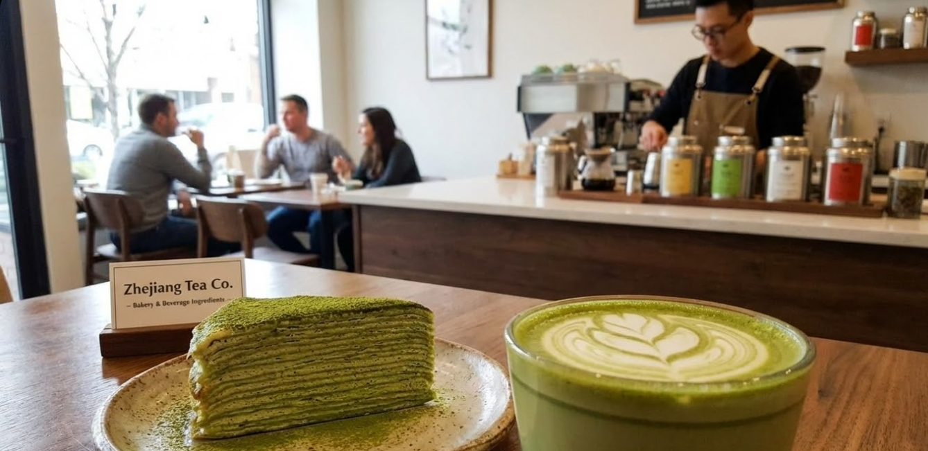 A close-up of a matcha cake and a matcha latte in a cafe setting