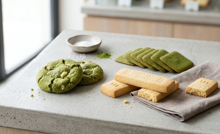 Commercial baking matcha powder webpage showing professional bakers mixing matcha and finished pastries.