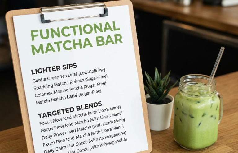 Functional matcha cafe menu on a clipboard featuring lighter sips and targeted blends with adaptogens like Lion's Mane.