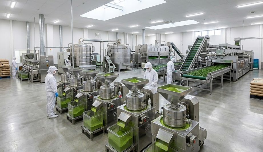 a modern, clean factory production line for matcha powder