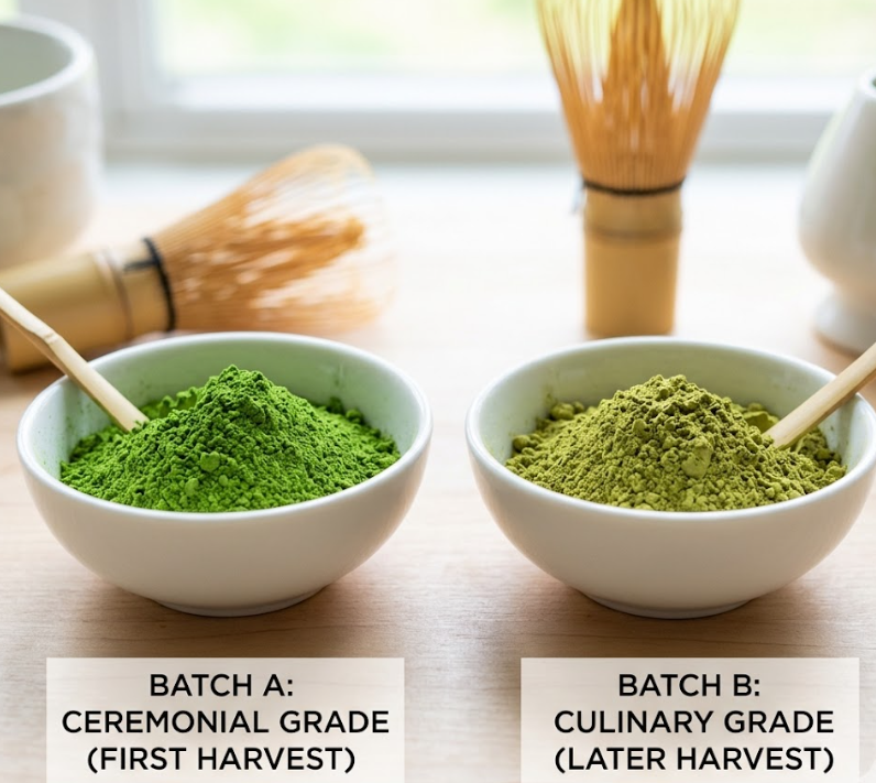 Two batches of matcha side-by-side showing slight color difference