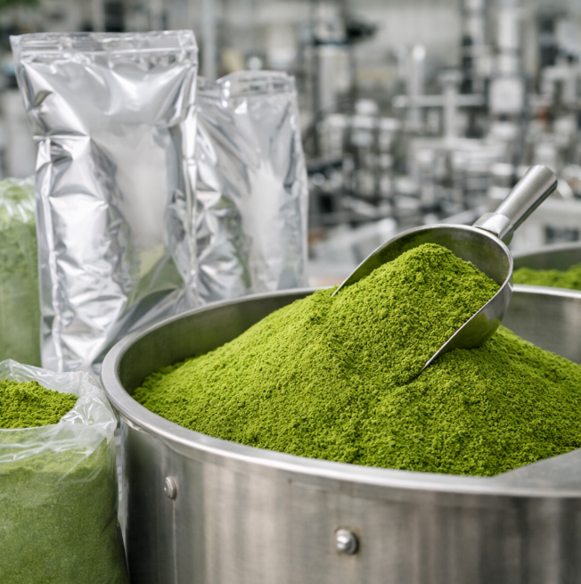 Industrial matcha powder in stainless steel vat with scoop and bulk packaging