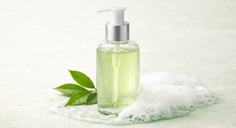 Clear pump bottle of matcha cleanser gel with soft cleansing foam and fresh green tea leaves on a light sage background.
