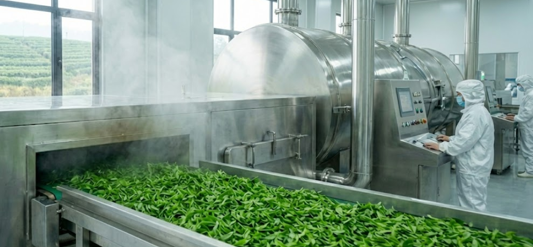Freshly harvested tea leaves being steamed