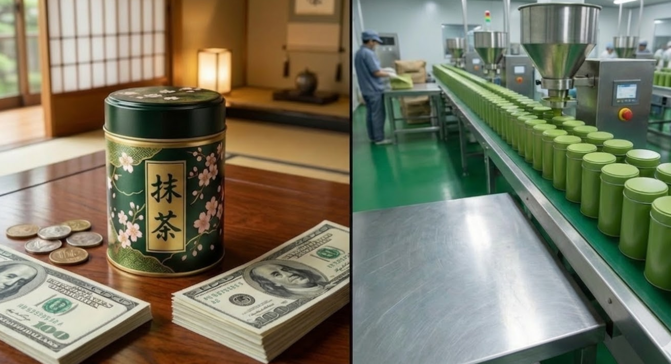 The High Price of Japanese Matcha Branding A beautifully packaged Japanese matcha tin with a high price tag
