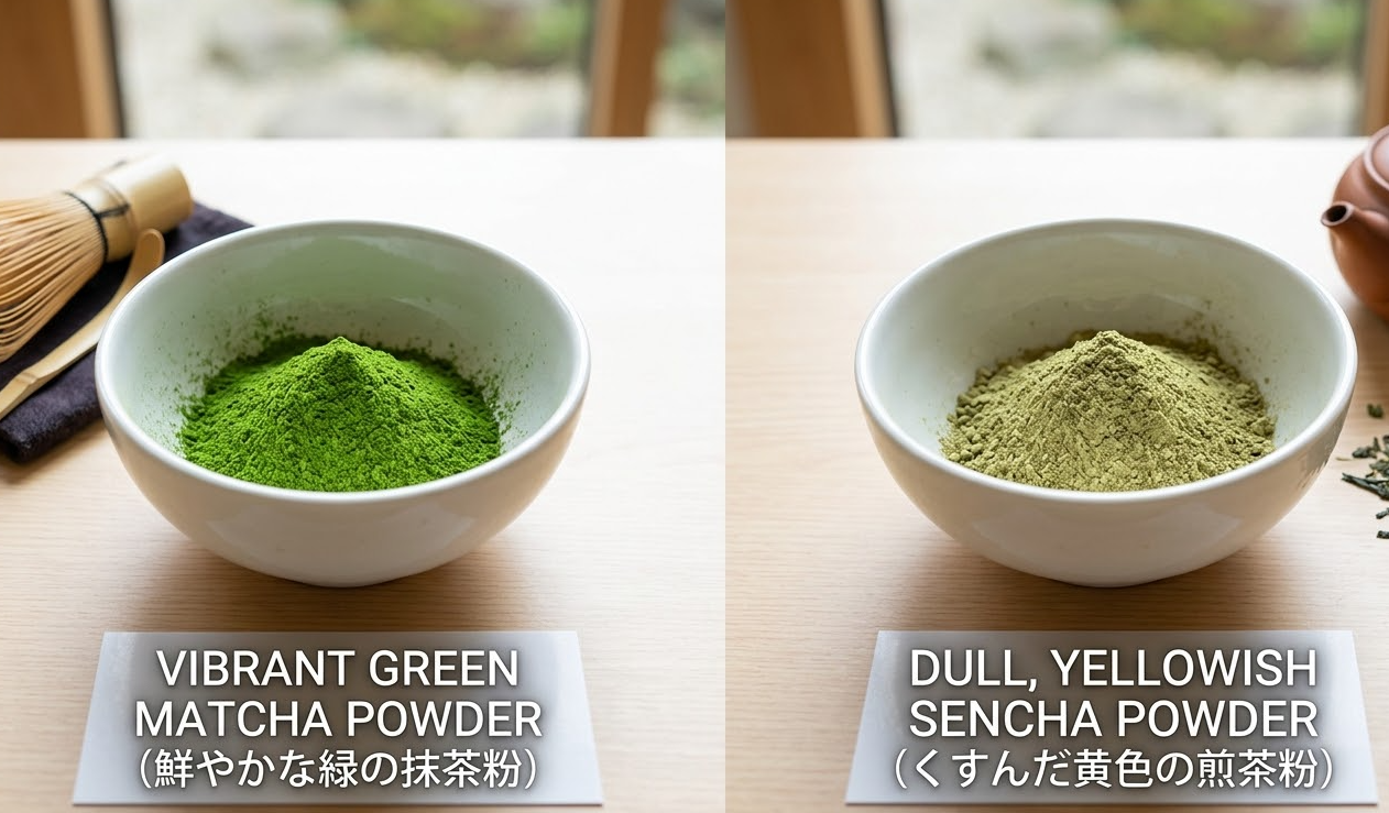 A side-by-side comparison of vibrant green matcha powder and dull, yellowish sencha powder