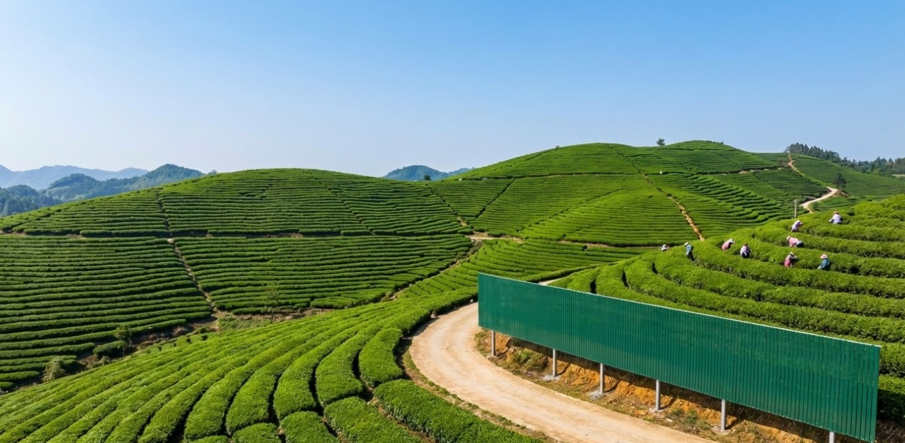 A vast green tea plantation under a clear sky